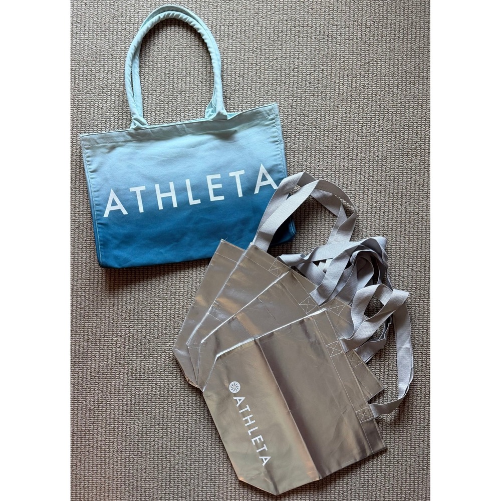 Lot of 5 Reusable Athleta Bags - Large Cloth Tote + 4 Medium Bags  Blue  Silver